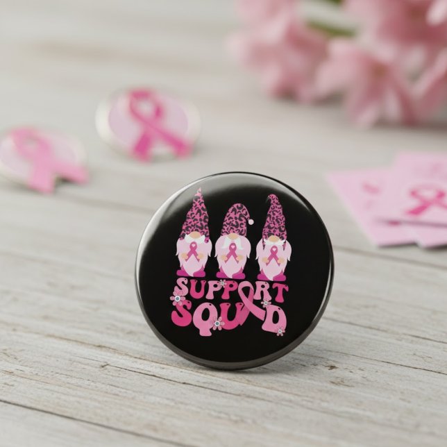 Support Squad Pink Ribbon Breast Cancer Gnomes Button (Creator Uploaded)