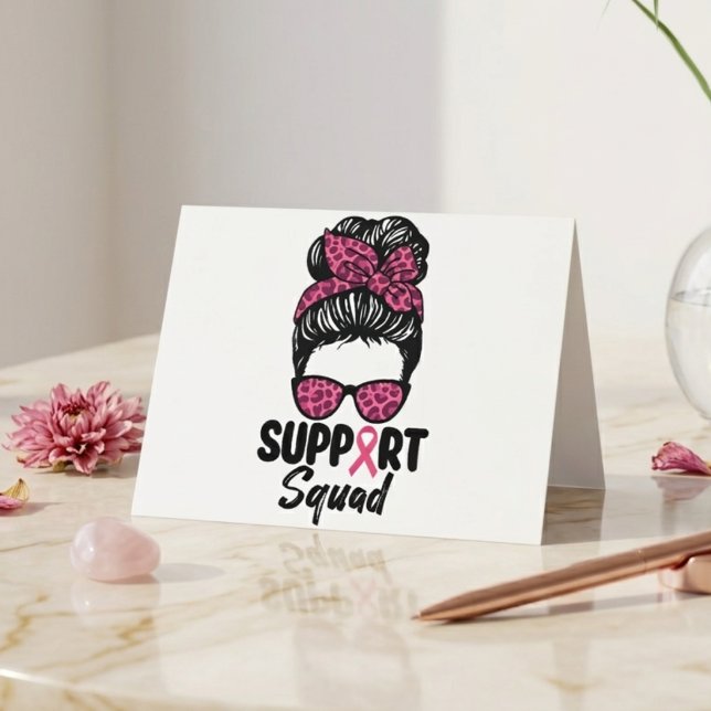 Support Squad Pink Ribbon Messy Bun Design Thank You Card (Creator Uploaded)