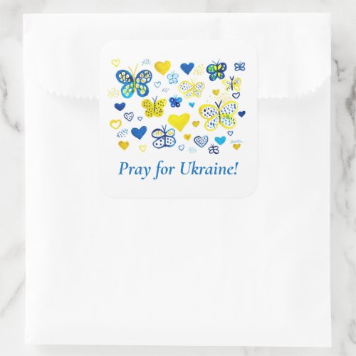 Support Ukraine Watercolor Hearts and Butterflies Square Sticker