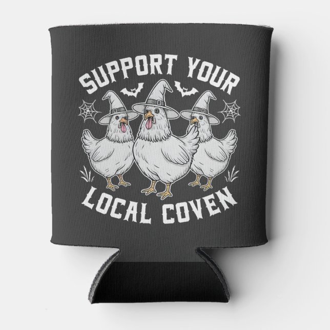 Support Your Local Coven Rooster Halloween Spooky Can Cooler (Front)