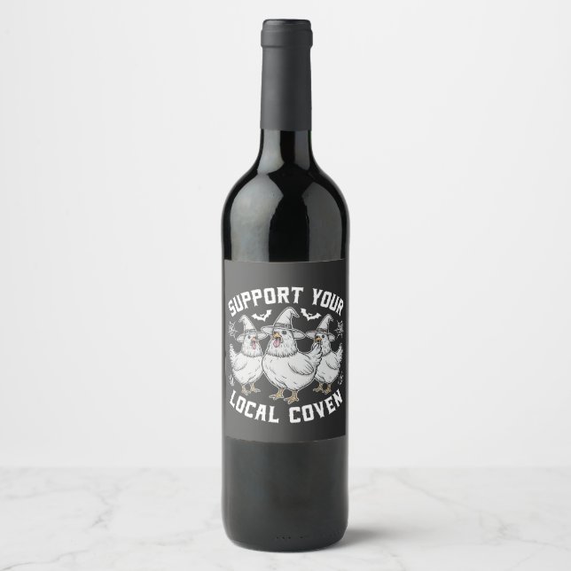Support Your Local Coven Rooster Halloween Spooky Wine Label (Front)