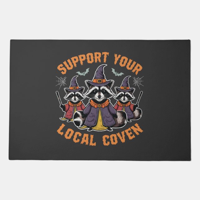 Support Your Local Coven Spooky Raccoon Halloween Doormat (Front)