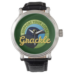 Support Your Local Grackle Men's Vintage Black Leather Strap Watch