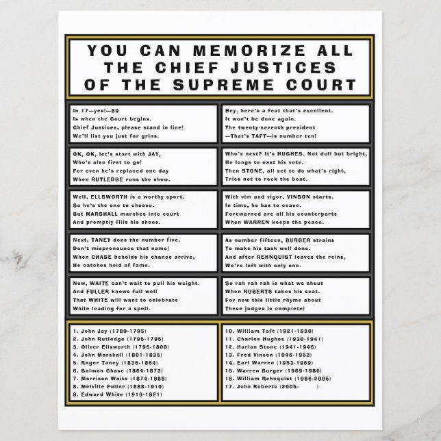 Supreme Court Chief Justice Fun Poem Study Guide (Front)