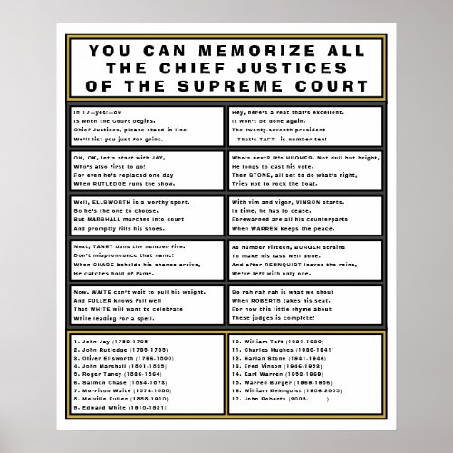 Supreme Court Chief Justice Fun US History Poem Poster