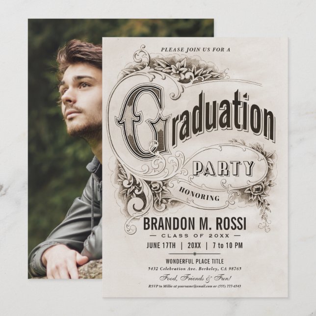 Supreme Vintage Photo Graduation Party Invitations (Front/Back)