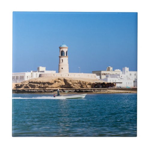 Sur Lighthouse with fisherman boat _ Sur Oman Ceramic Tile