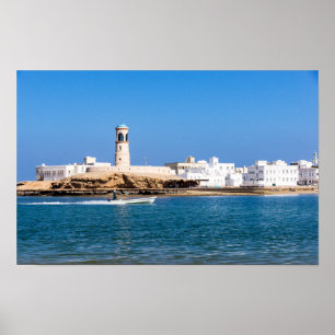 Sur Lighthouse with fisherman boat - Sur, Oman Poster