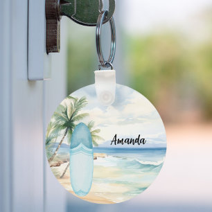 Surboard beach palm trees keychain