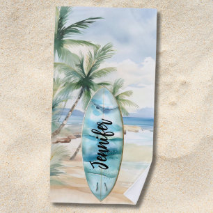 Surboard beach palm trees name beach towel