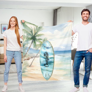Surboard beach palm trees name fleece blanket