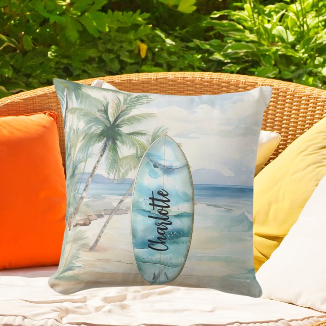 Surboard beach palm trees name outdoor pillow (Creator Uploaded)