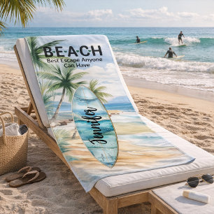 Surboard beach palm trees name quote beach towel