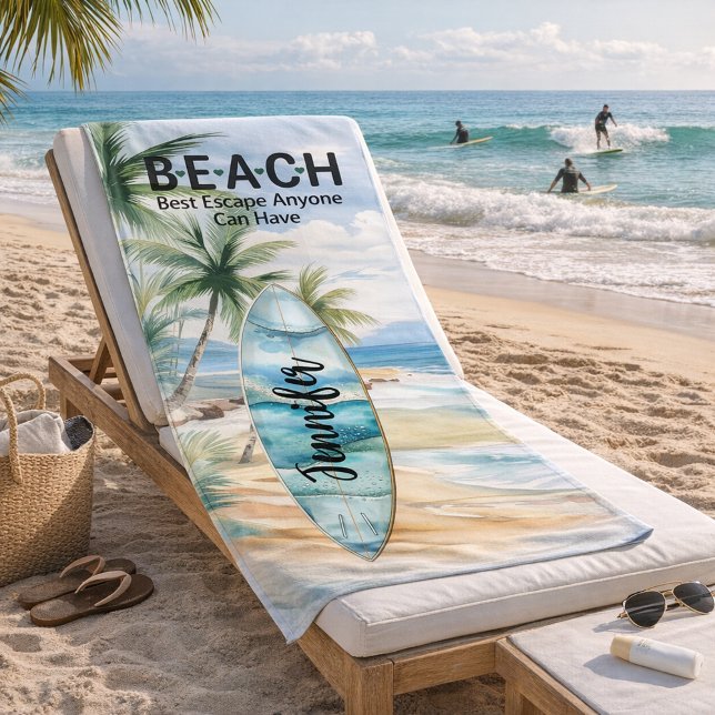 Surboard beach palm trees name quote towel (Creator Uploaded)