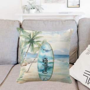 Surboard beach palm trees name throw pillow