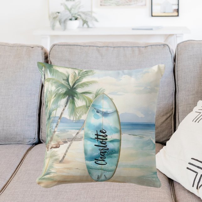 Surboard beach palm trees name throw pillow (Creator Uploaded)