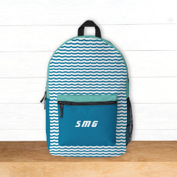 Surf Aqua Blue Waves Monogram Initials Kids Printed Backpack