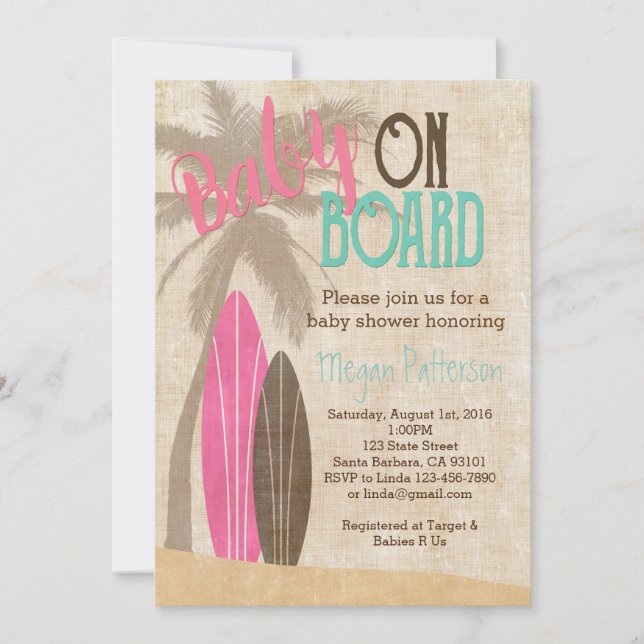 Surf Baby Shower Invitation Vintage Style Girl (Front)