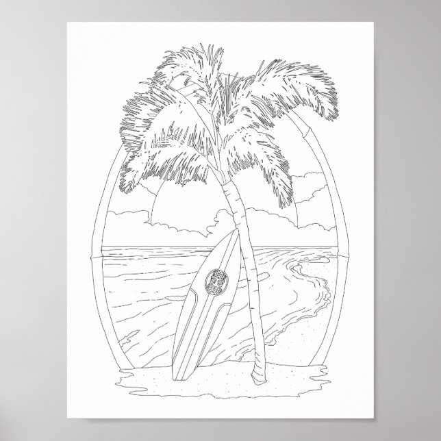 Surf Beach Adult Coloring Poster (Front)