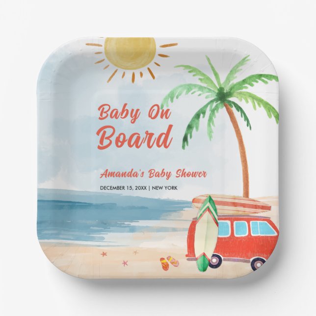 Surf Beach Baby On Board Baby Shower  Paper Plates (Front)