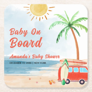 Surf Beach Baby On Board Baby Shower Square Paper Coaster