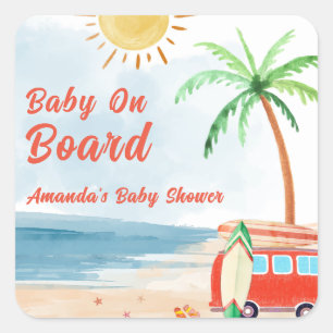Surf Beach Baby On Board Baby Shower Square Sticker