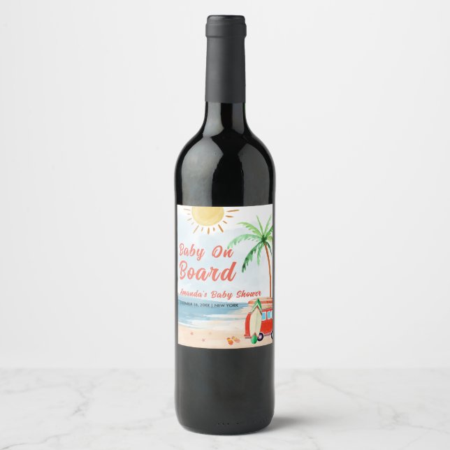 Surf Beach Baby On Board Baby Shower  Wine Label (Front)