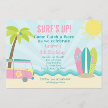 Surf Birthday Invitation For Girl In Pink! by Pixabelle at Zazzle