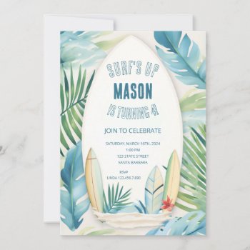 Surf Birthday Party Invitation In Blue by Pixabelle at Zazzle
