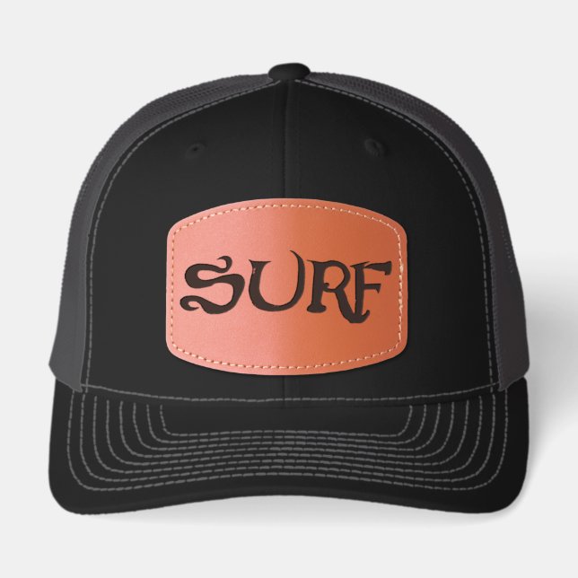 Surf black charcoal leather rect patch trucker hat (Front)