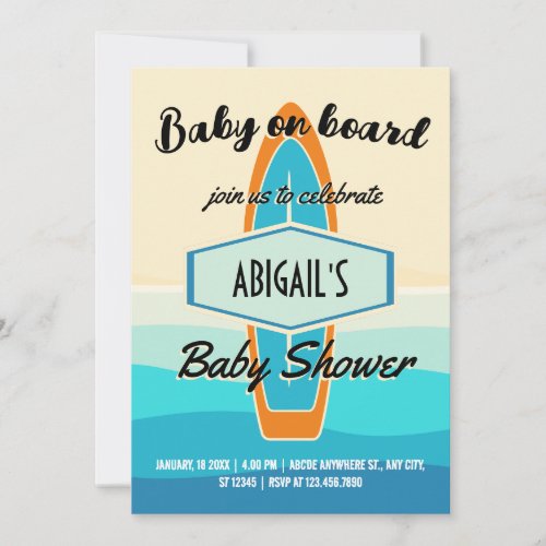 Surf board beach baby shower invitation