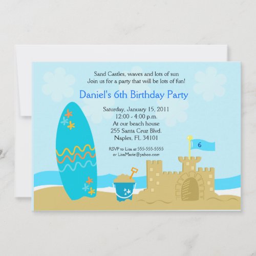SURF BOARD BEACH SAND CASTLE 5x7 Custom Invitation