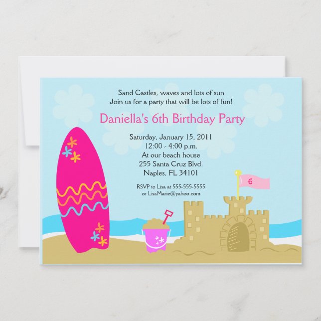 SURF BOARD BEACH SAND CASTLE 5x7 Custom Invitation (Front)