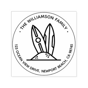 Surf Board Family Name Round Return Address Self-inking Stamp