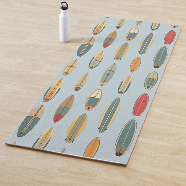 Surf Board Print Coastal Blue Retro Surfer Pattern Yoga Mat (In Situ)