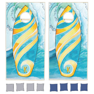 Surf Board Summer Beach Wave Family Monogram Cornhole Set