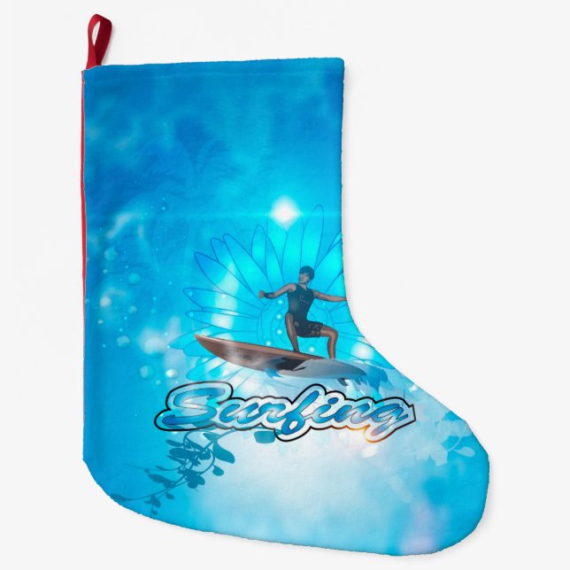 Surf boarders on blue background large christmas stocking (Front)