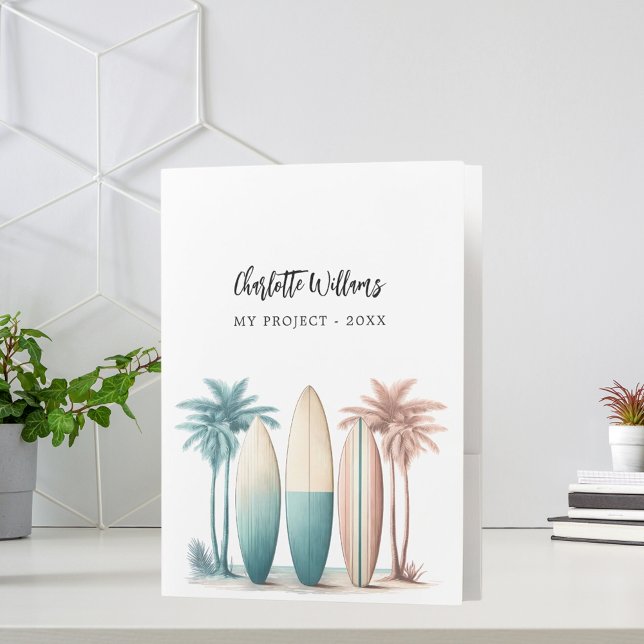 Surf boards beach palm trees name script pocket folder (Creator Uploaded)