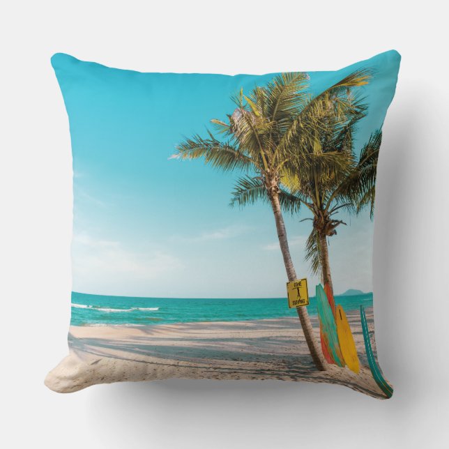Surf boards on beach throw pillow (Front)
