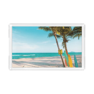 Surf boards on beach throw pillow acrylic tray