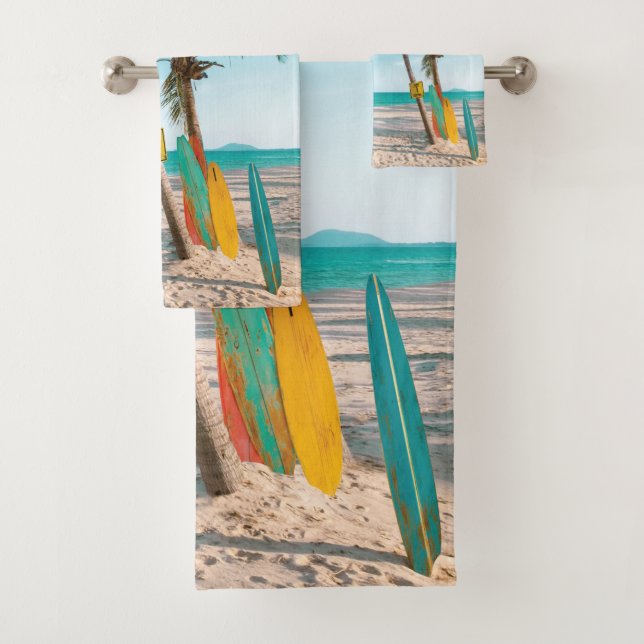Surf boards on beach throw pillow bath towel set (Insitu)