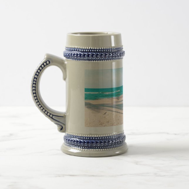 Surf boards on beach throw pillow beer stein (Left)