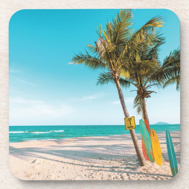 Surf boards on beach throw pillow beverage coaster (Front)
