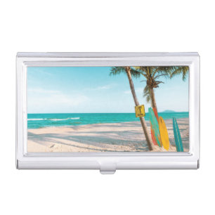 Surf boards on beach throw pillow business card case