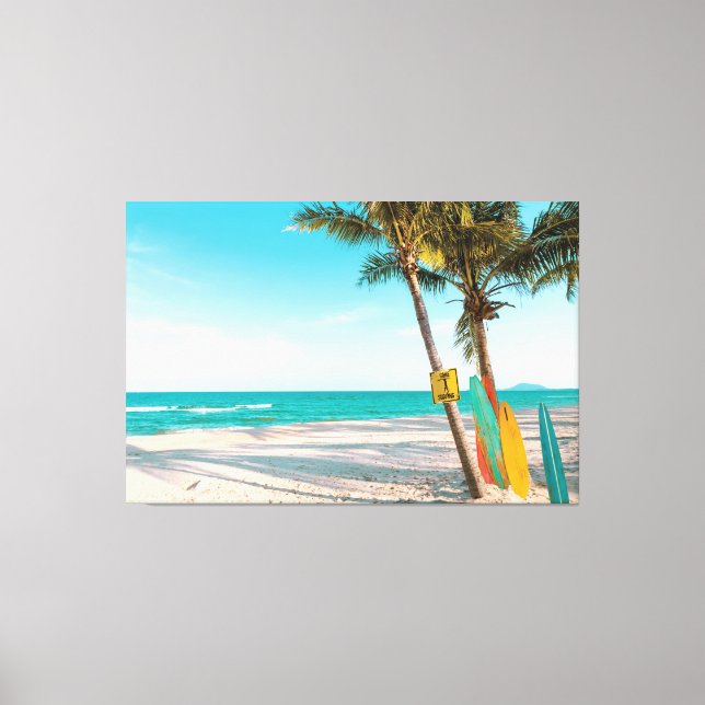 Surf boards on beach throw pillow canvas print (Front)