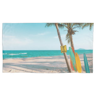 Surf boards on beach throw pillow case