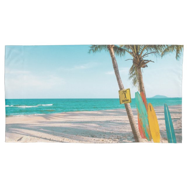 Surf boards on beach throw pillow case (Front)