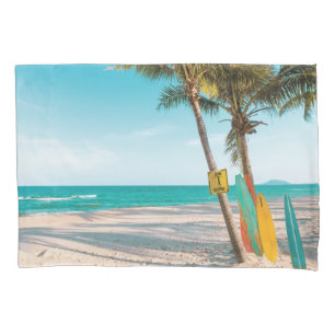Surf boards on beach throw pillow case