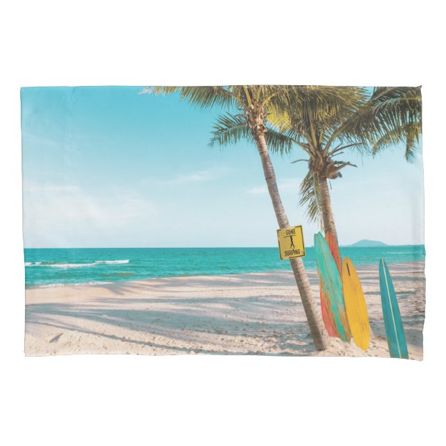 Surf boards on beach throw pillow case (Front)