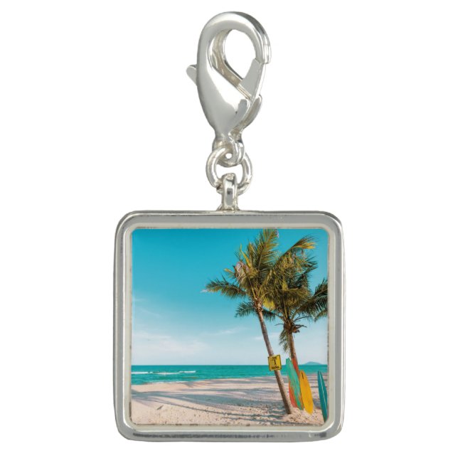 Surf boards on beach throw pillow charm (Front)